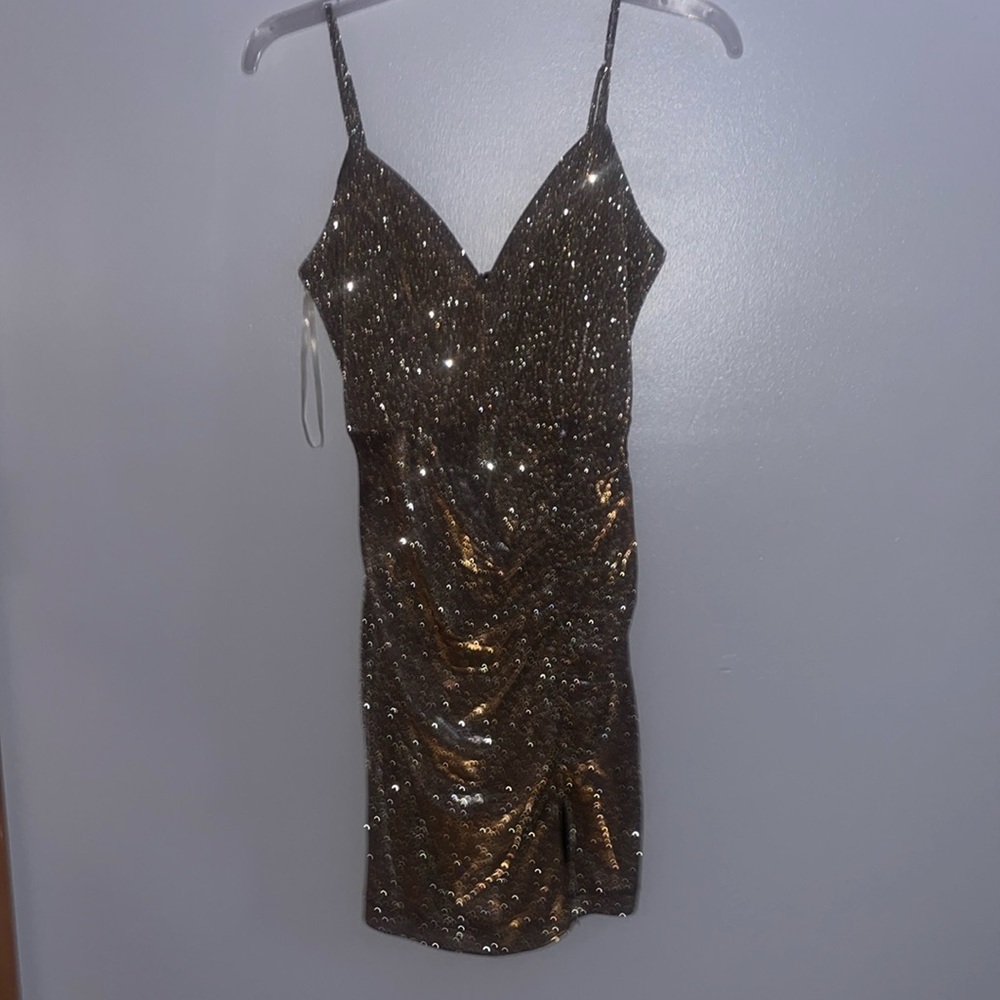 V Neck Gold Mini Dress